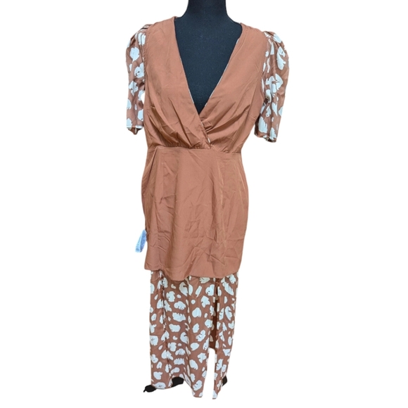 French Connection Aimee Abstract Print Midi Dress Brown Patina Cream sz 6 - Picture 3 of 12